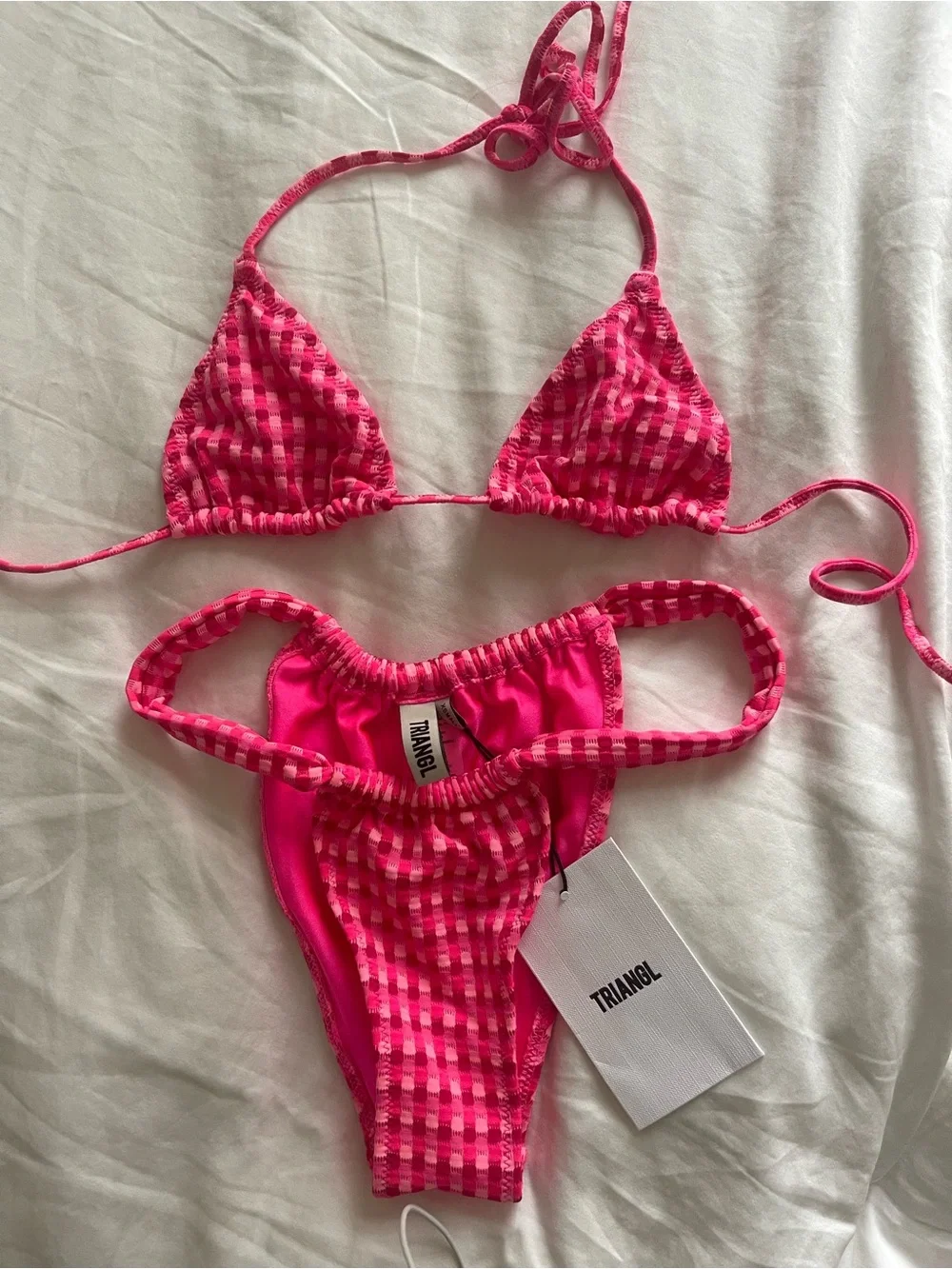 triangl swimwear Hot Pink Gingham Tie-Side Triangle Bikini NWT